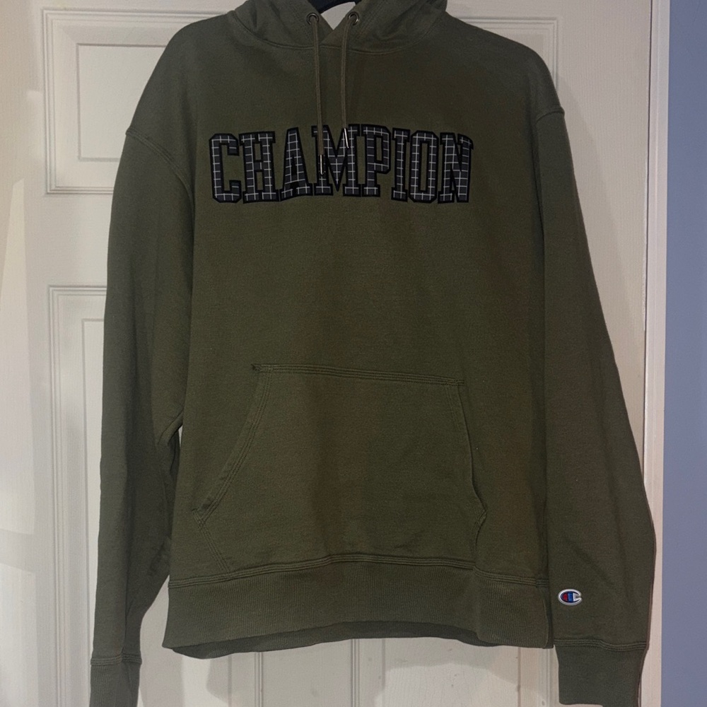 Champion L Olive Green Crewneck Hoodie with Plaid Logo